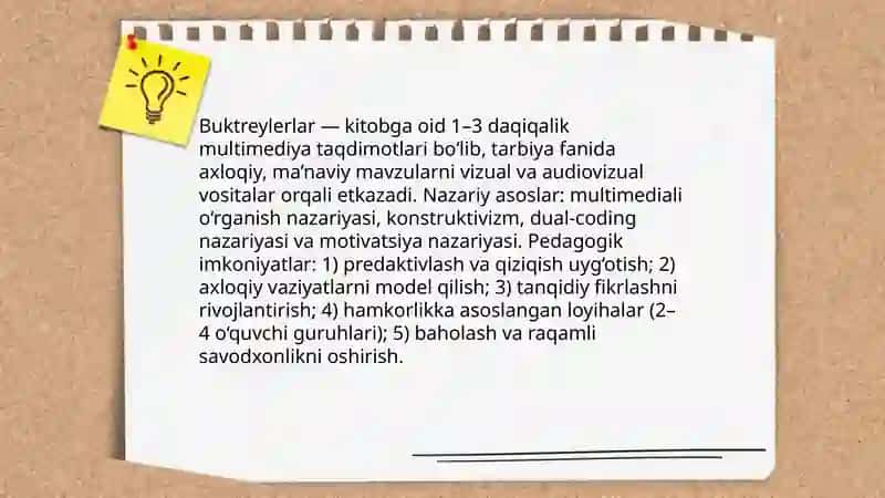 Tarbiya fanini o'qitishda buktreylar texnalogiyalardan foydalanish 3
