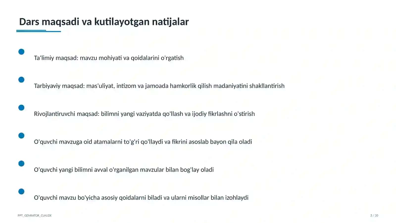 Sinf soati va tarbiyaviy tadbirlar (1–11) — ochiq dars uchun 3