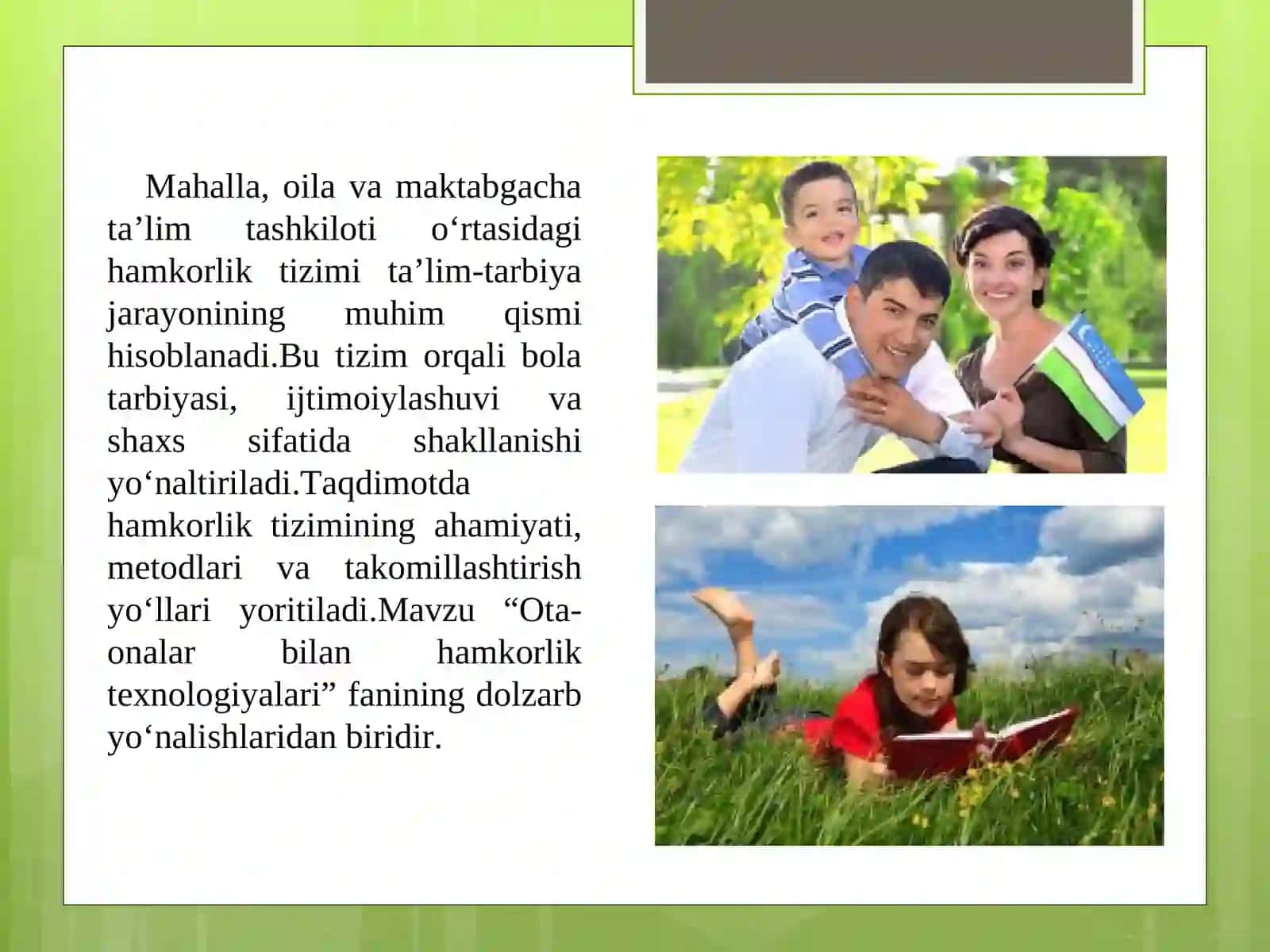 Mahalla, oila va maktabgacha ta'lim tashkiloti hamkorlik tizimi ishlarini takomillashtirishda bola shaxsiga yo'naltirilgan ta'lim metodlari va texnologiyasi - 24 sahifa 3