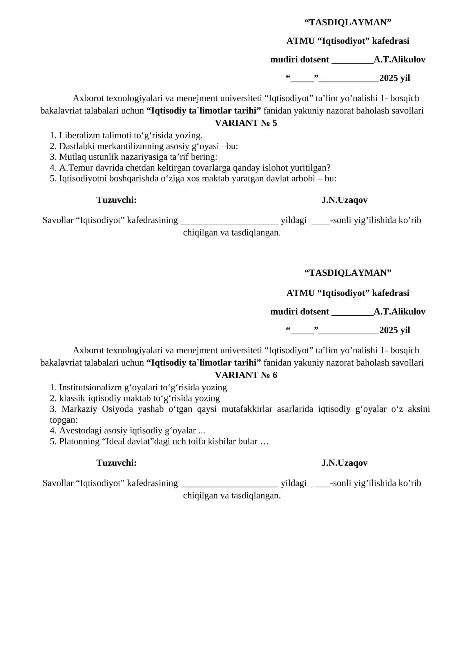 Iqtisodiy ta‘limotlar tarihi fanidan yakuniy nazorat baholash savollari 3