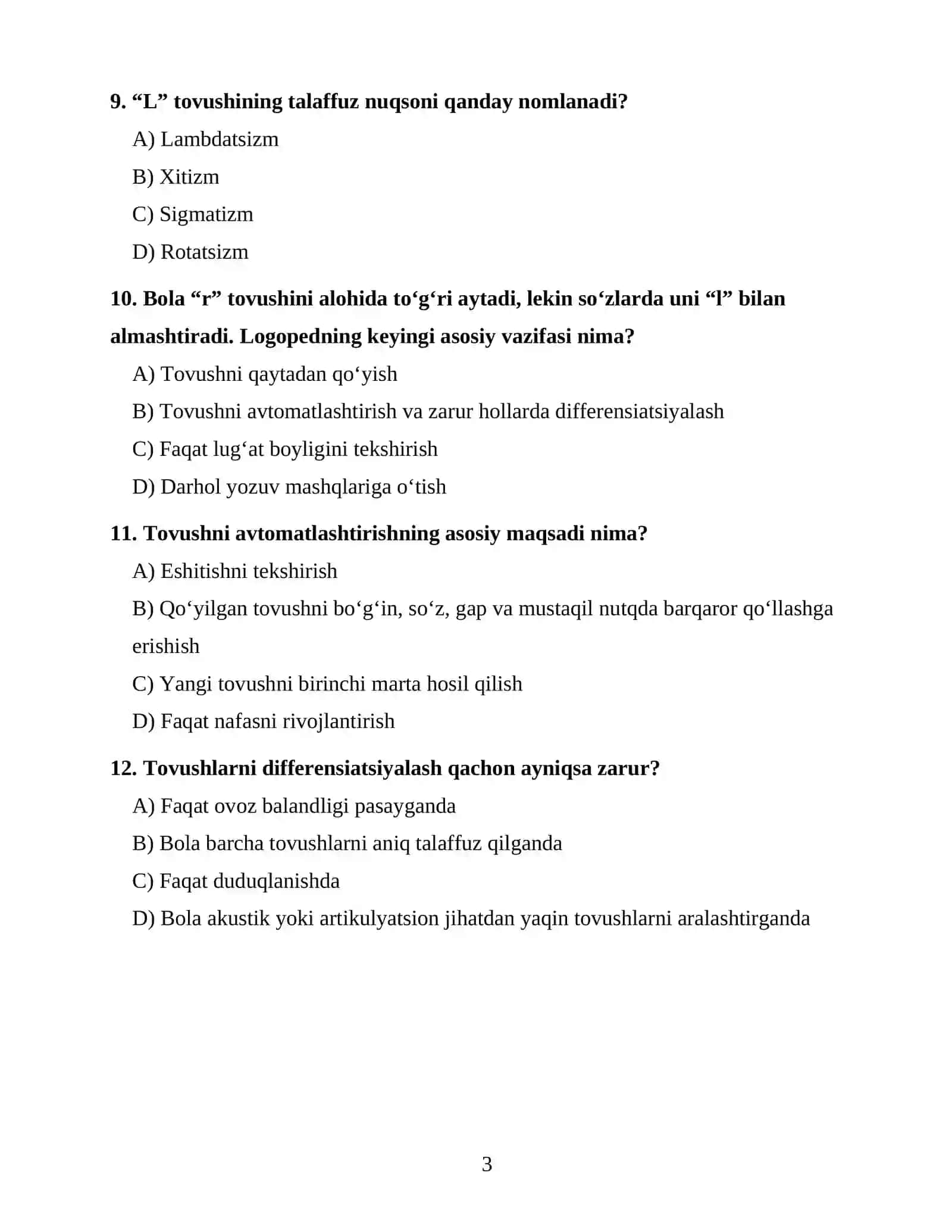 LOGOPEDIYA FANIDAN 100 TA TEST SAVOLI 3