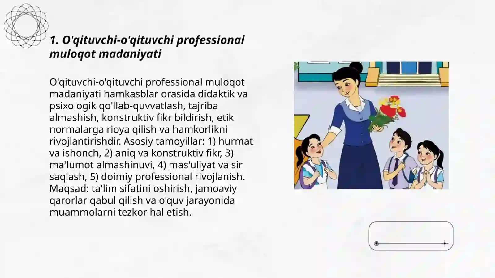 O'qituvchi- o'qituvchi o'qituvchi o'quvchilar jamoasi, o'qituvchi-maktab rahbariyati, o'qituvchi-bolalarning ota-onalari orasida muloqot madaniyati 3
