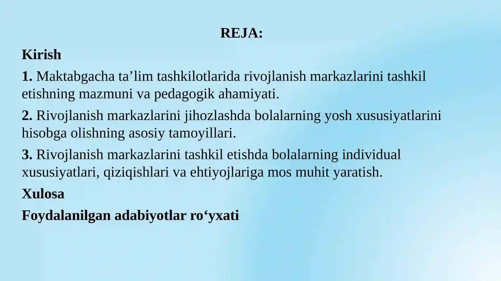 RIVOJLANISH MARKAZLARINI JIHOZLASHDA BOLALARNING YOSH VA INDIVIDUAL XUSUSIYATLARINI HISOBGA OLISH 3