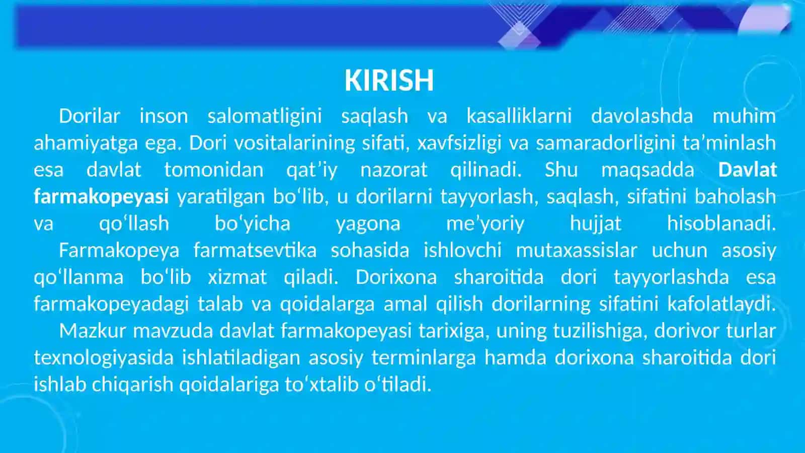 Davlat farmakopeyasi. Tarixi. Tuzilishi. Dorivor turlari texnologiyasida qo‘llaniladigan terminlar. Dorixona sharoitida dori ishlab chiqarish qoidalari 3