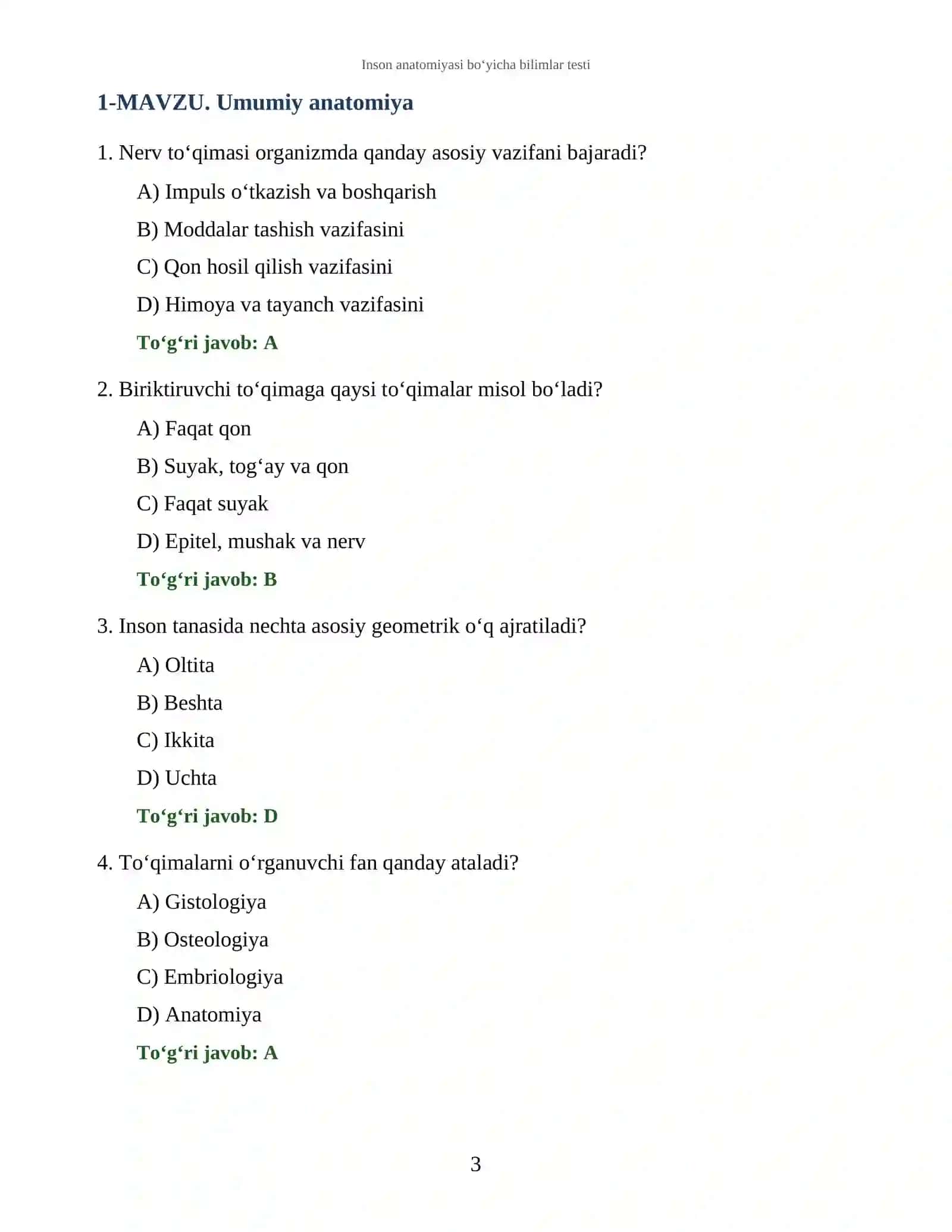 Inson anatomiyasi bo‘yicha bilimlar testi 3
