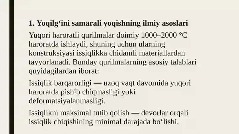 Yuqori haroratli qurilmalarda yoqilgʻidan foydalanish va ularni tejash 3