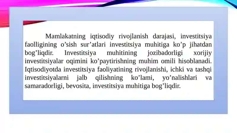 O’ZBEKISTONDA INVESTITSIYA MUHITINI YAXSHILASH YO’LLARI 3
