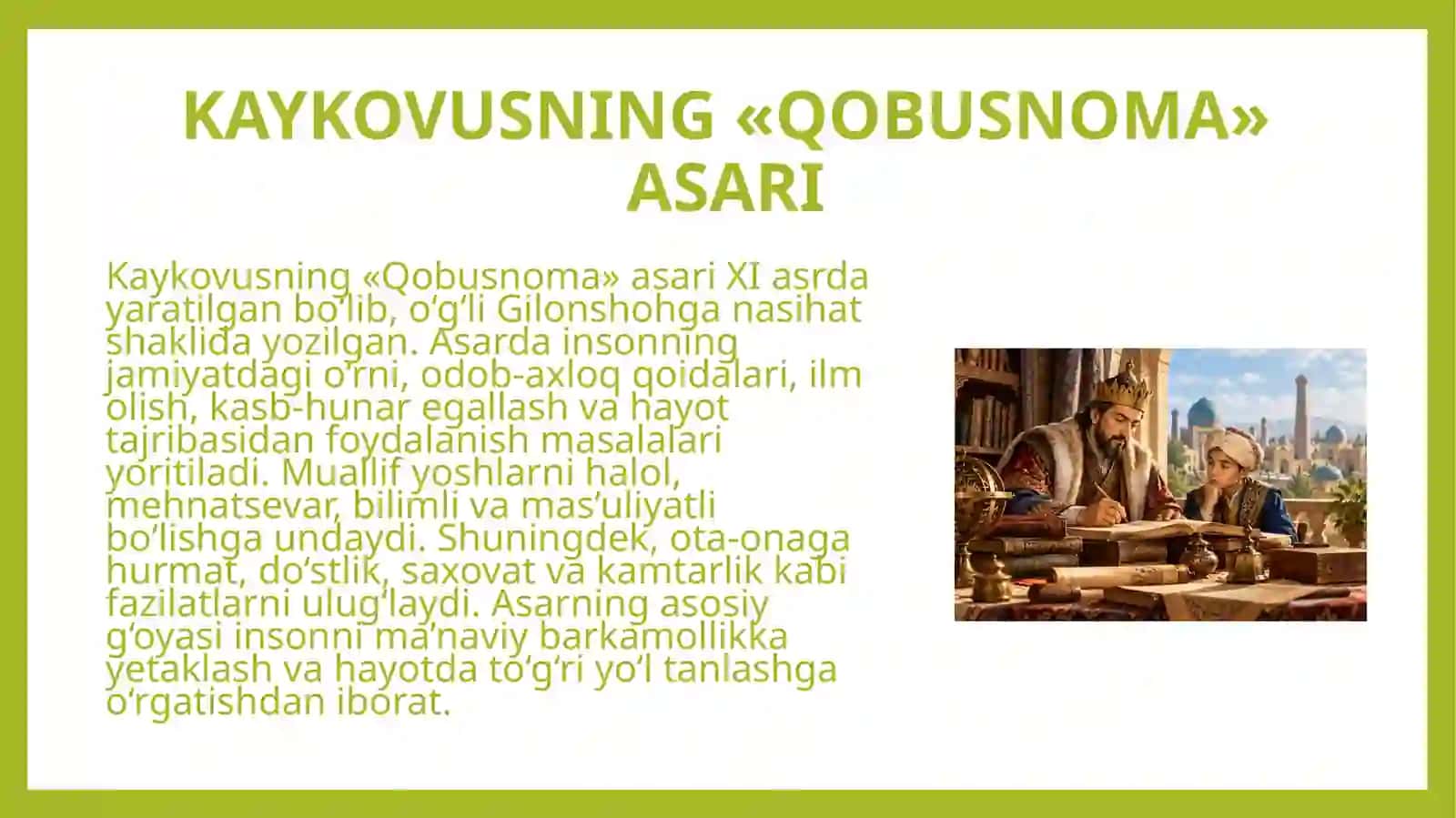 Kaykovusning ,,Qobusnoma Umar Hayyomning ,,Navroʻznoma Davlatshoh Samarqandiniyning ,,tazkirat hush-aro  asarlarining gʻoyaviy mazmuni 3
