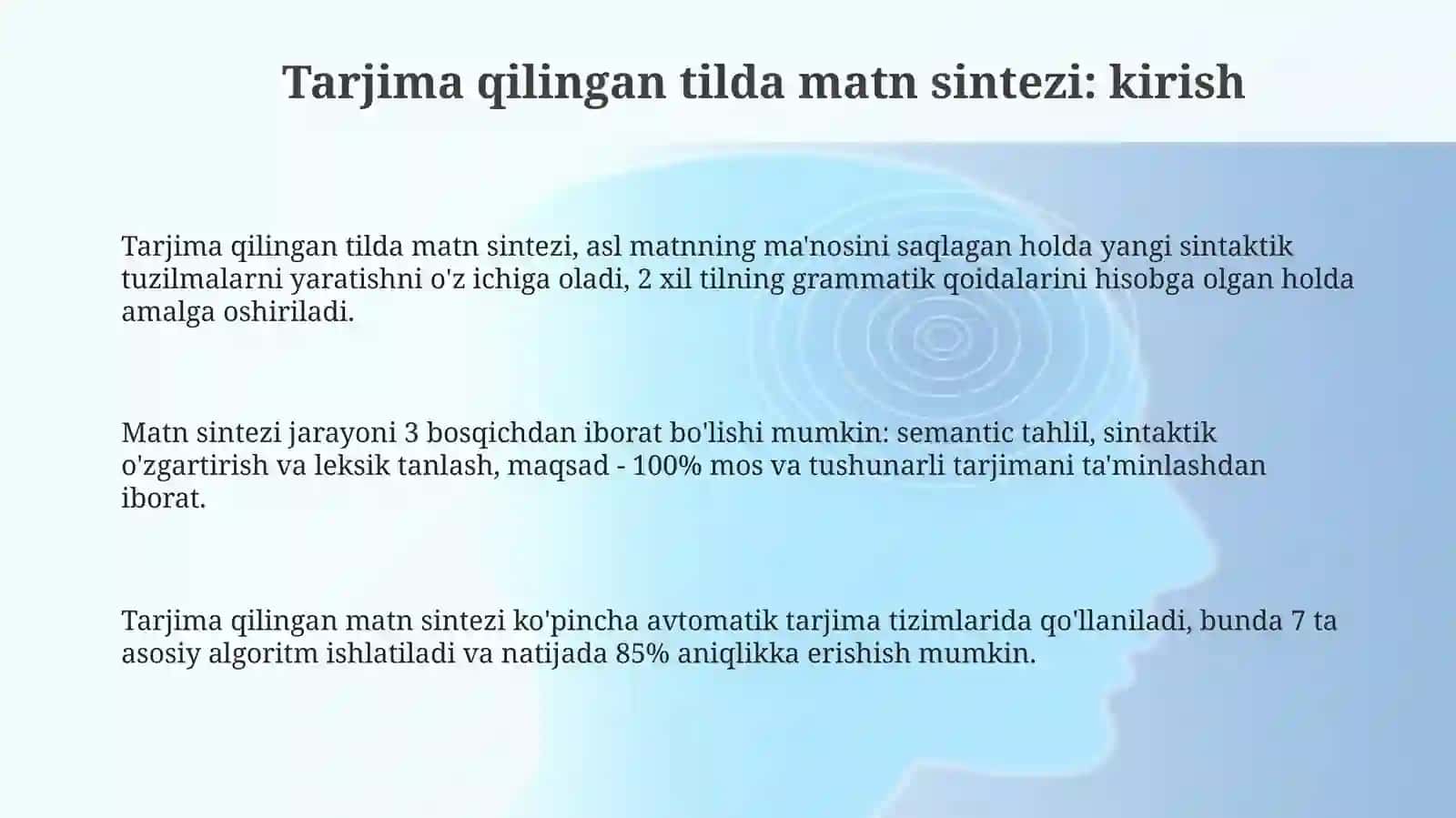 Tarjima qilingan tilda matnning sintezi: matnning semantik namoyishi, sintaktik strukturalar 3