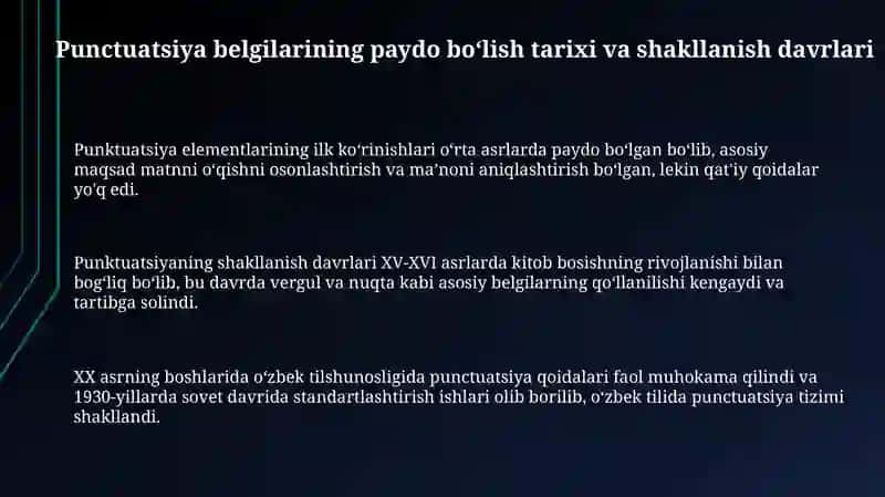 Oʻzbek tilida tinish belgilari va qoʻllanilishi haqida xronologik jadvallar tayyorlash 3