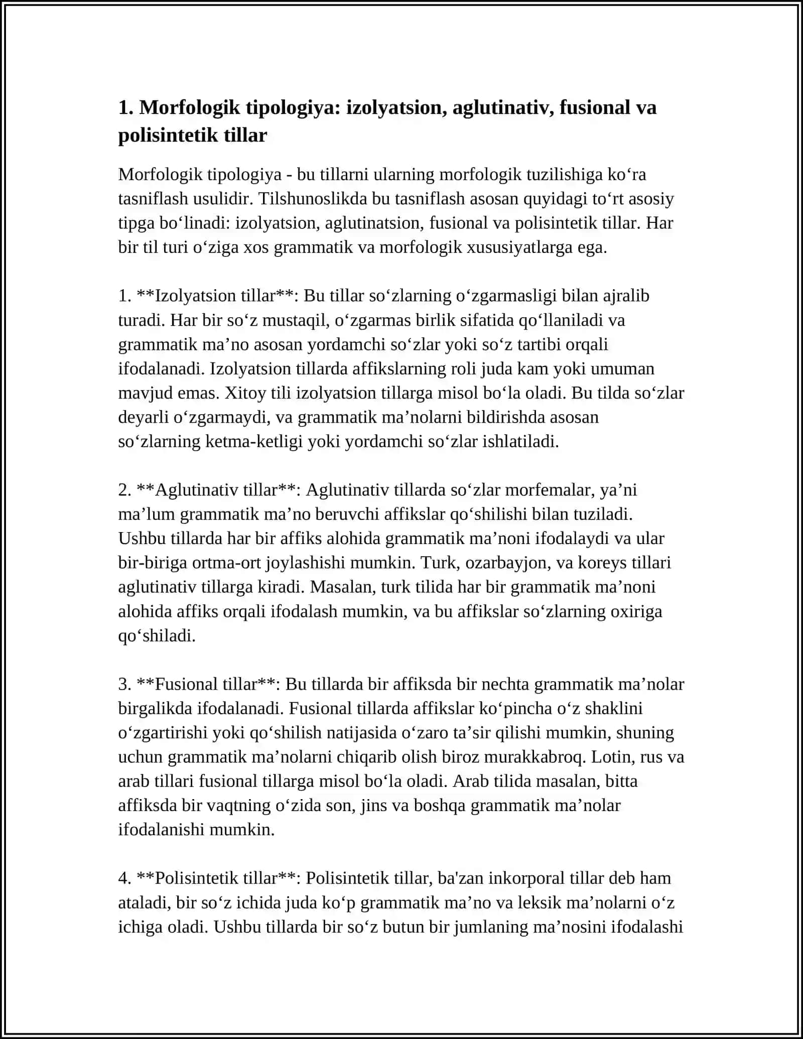 Morfologik tipologiya: izolyatsion, aglutinativ, fusional va polisintetik tillar 3