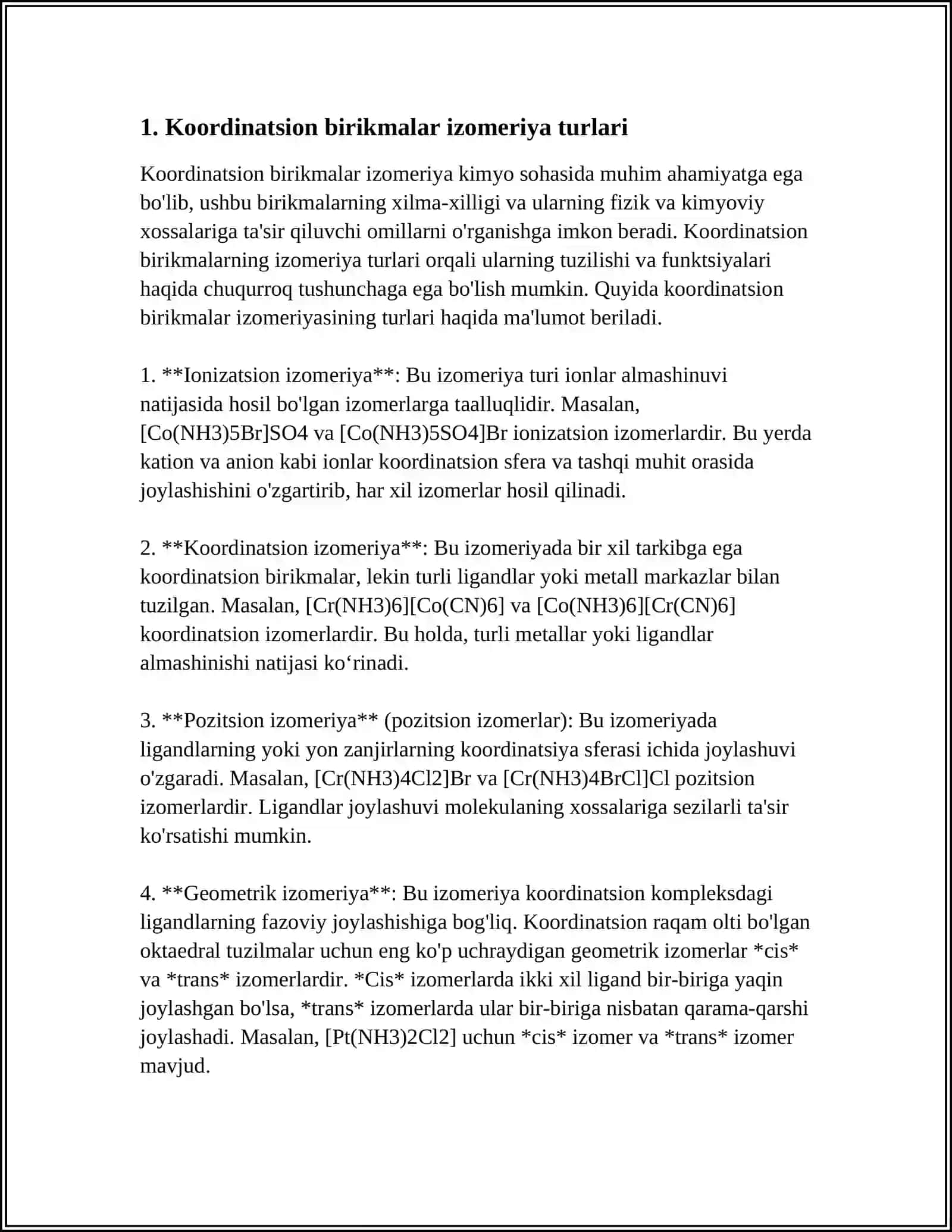 KOMPLEKS BIRIKMALARNING IZOMERIYASI. MARKAZIY IONNING LIGAND BILAN ELEKTROSTATIK TA'SIRLASHUVI 3