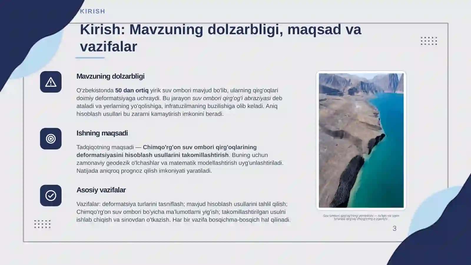 Suv omborlari qirg'oqlarining deformatsiyasini hisoblash usullarini takomillashtirish. 3