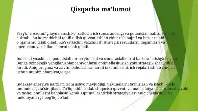 Fargʻona Azot sanoatini potensialdan foydalanish kursatkichi tahlili 3