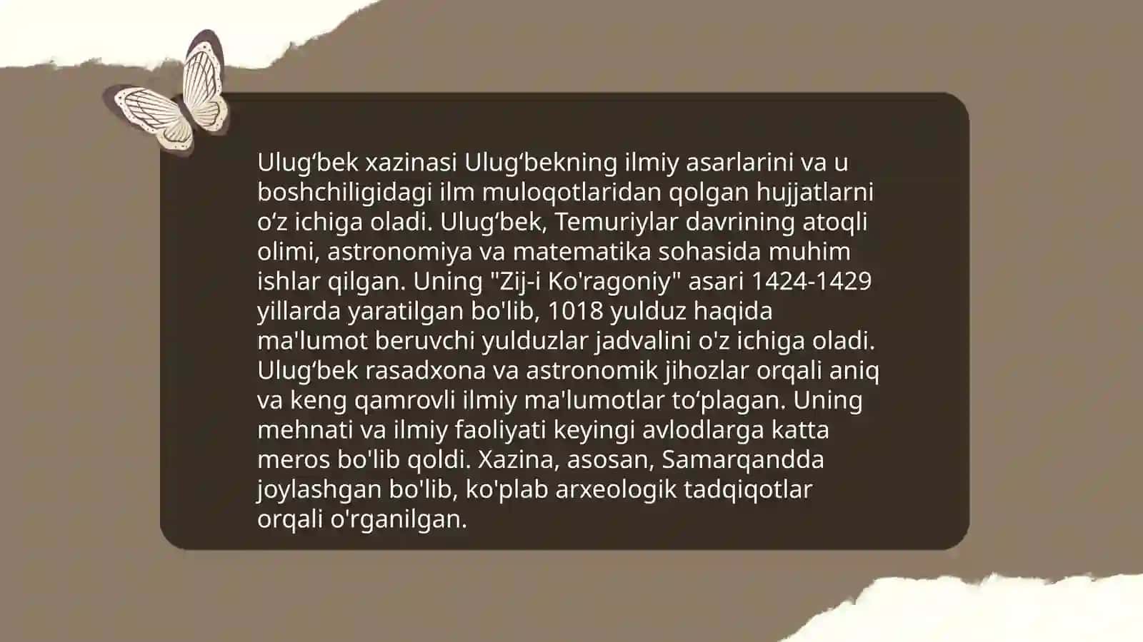 Odil Yoqubovning "Ulugʻbek xazinasi" mavzusi boʻyicha slayd 3