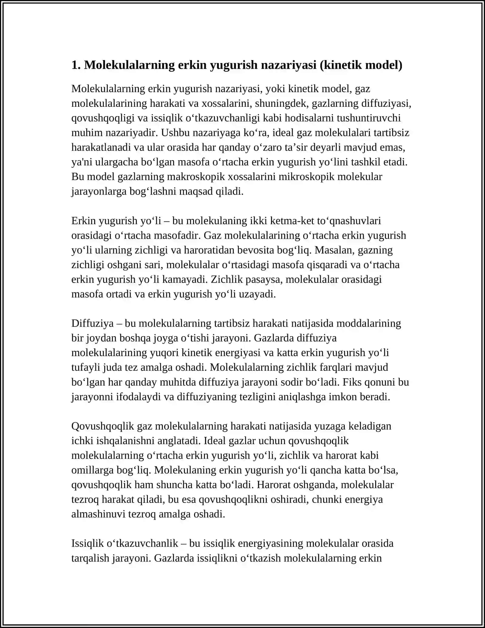 MOLEKULALARNI ERKIN YUGURISH YO‘LI. GAZLARDAN DIFFUZIYA, QOVUSHQOQLIK VA ISSIQLIK O‘TKAZUVCHANLIK 3