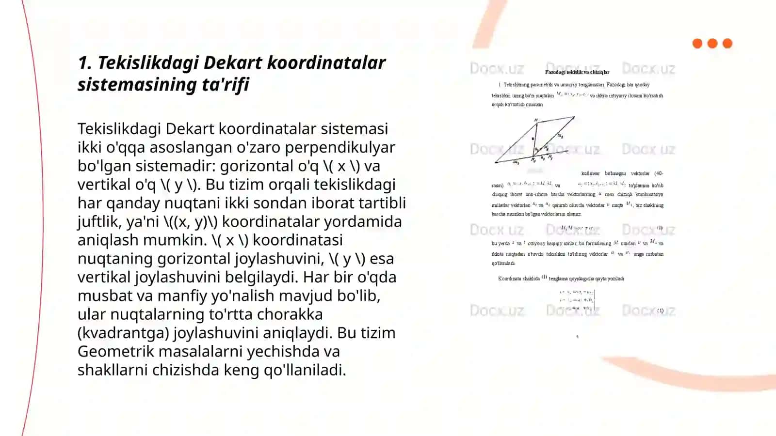 Tekislik va fazodagi Dekart koordinatalar sistemasi va ularning tatbiqi 3