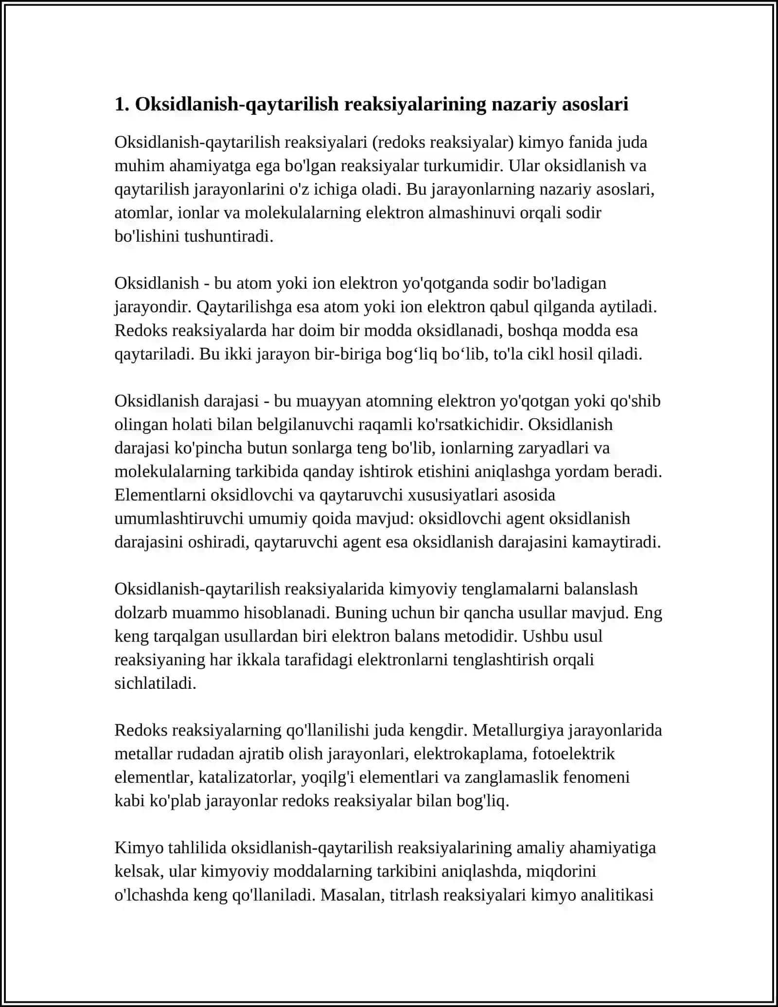 OKSIDLANISH VA QAYRARILISH USULI. OKSIDLANISH-QAYTARILISH REAKSIYALARINING ANALIZDA AHAMYATI 3