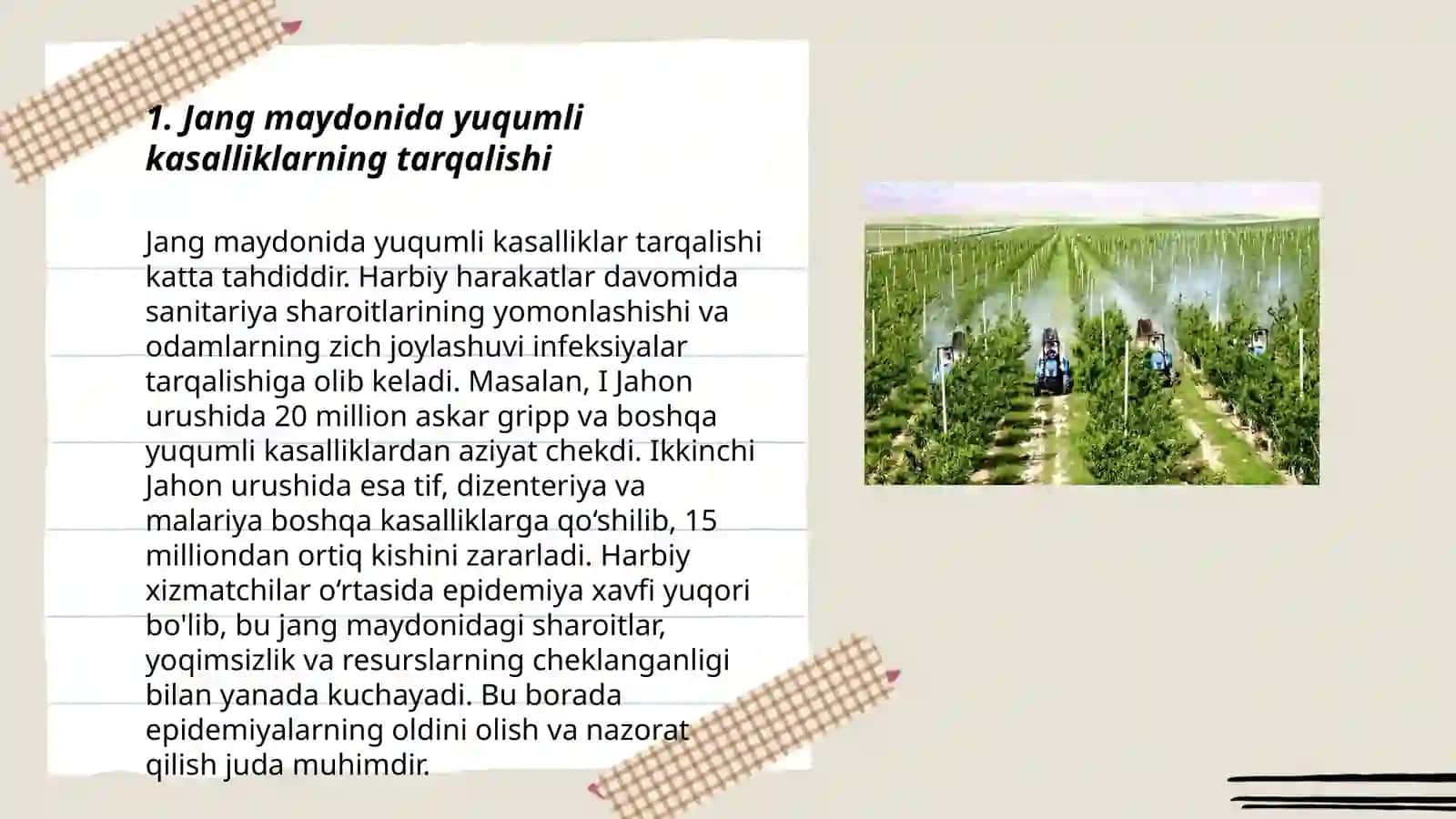 Qo'shinlarda tibbiy xizmat ko'rsatish bilan bog'liq boʻlgan hamda jang maydonida yuzaga chiqadigan yuqumli kasalliklar va ularning epidemiologik ahamiyati, profilaktik chora-tadbirlar 3