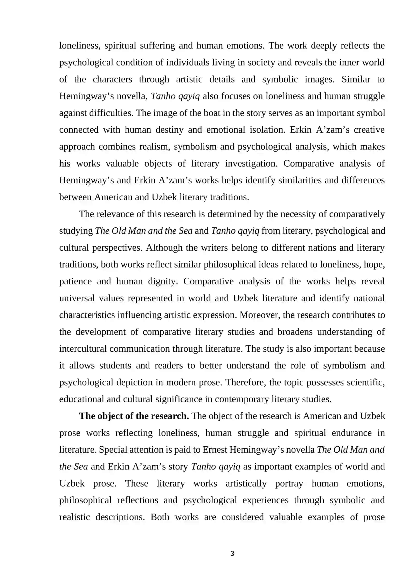 Comparative Analysis of Ernest Hemingway’s The Old Man and the Sea and Erkin A’zam’s Tanho qayiq 3