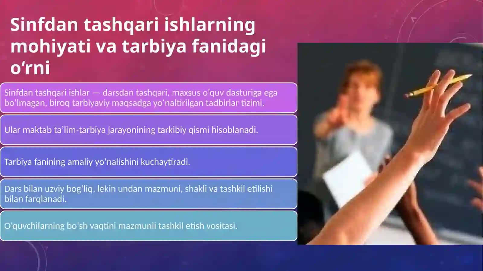 Sinfdan tashqari ishlarning vazifalari va mazmuni 3