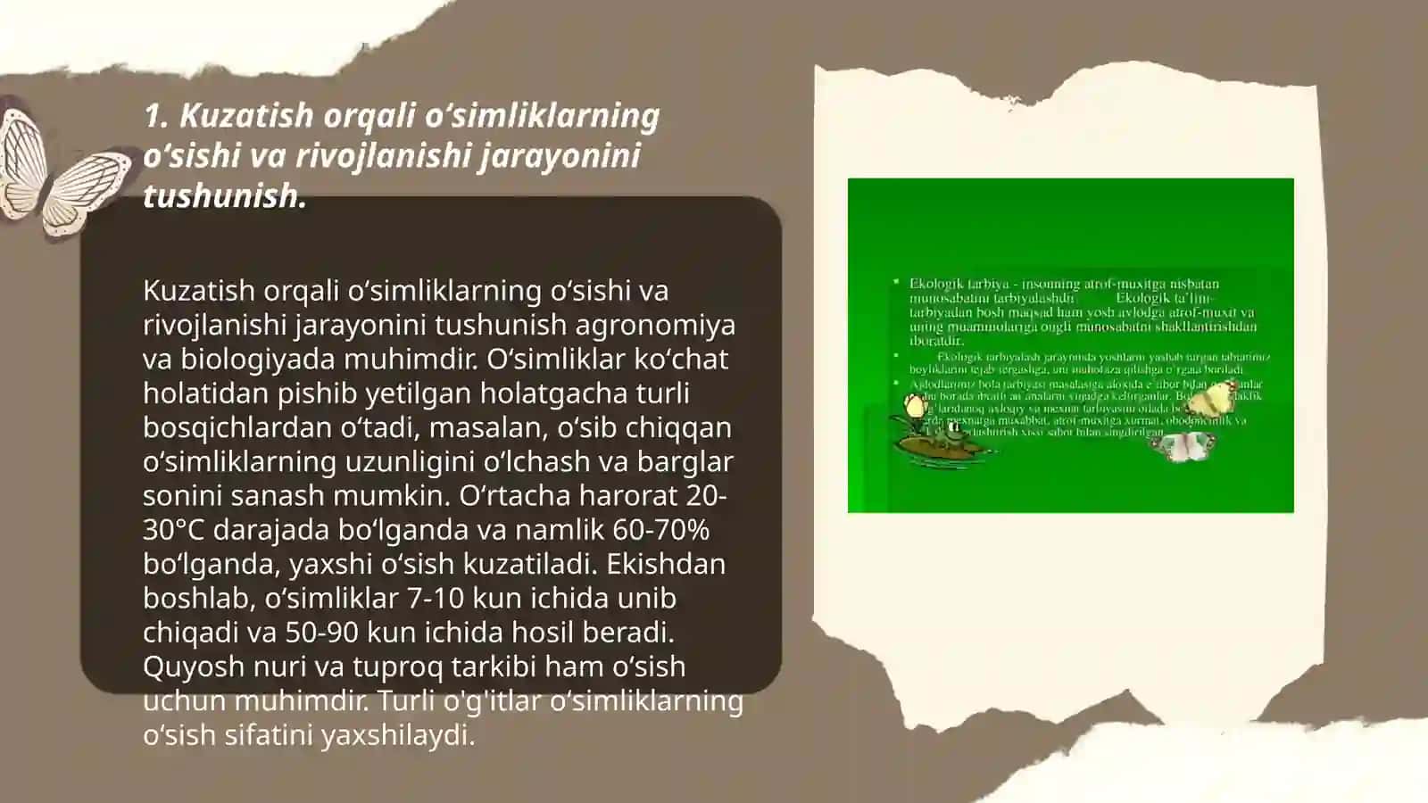 Tabiiy fanlar darslarida kuzatish orqali yangi bilim va tushunchalarni shakllantirish. Ekologik madaniyatni shakllantirishda õqituvchining kuzatishga yõnlatirilgan topshiriqlar 3