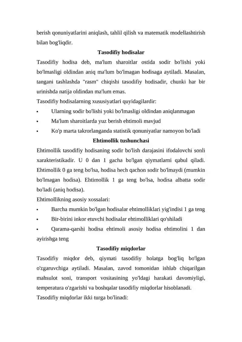 Ehtimollar nazariyasining predmeti va uning iqtisodiy, texnik masalalar uchun ahamiyati. 3