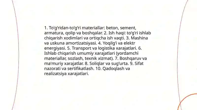 Qurilish mahsulotining o'ziga tushuvchi asosiy tannarx elementlari 3
