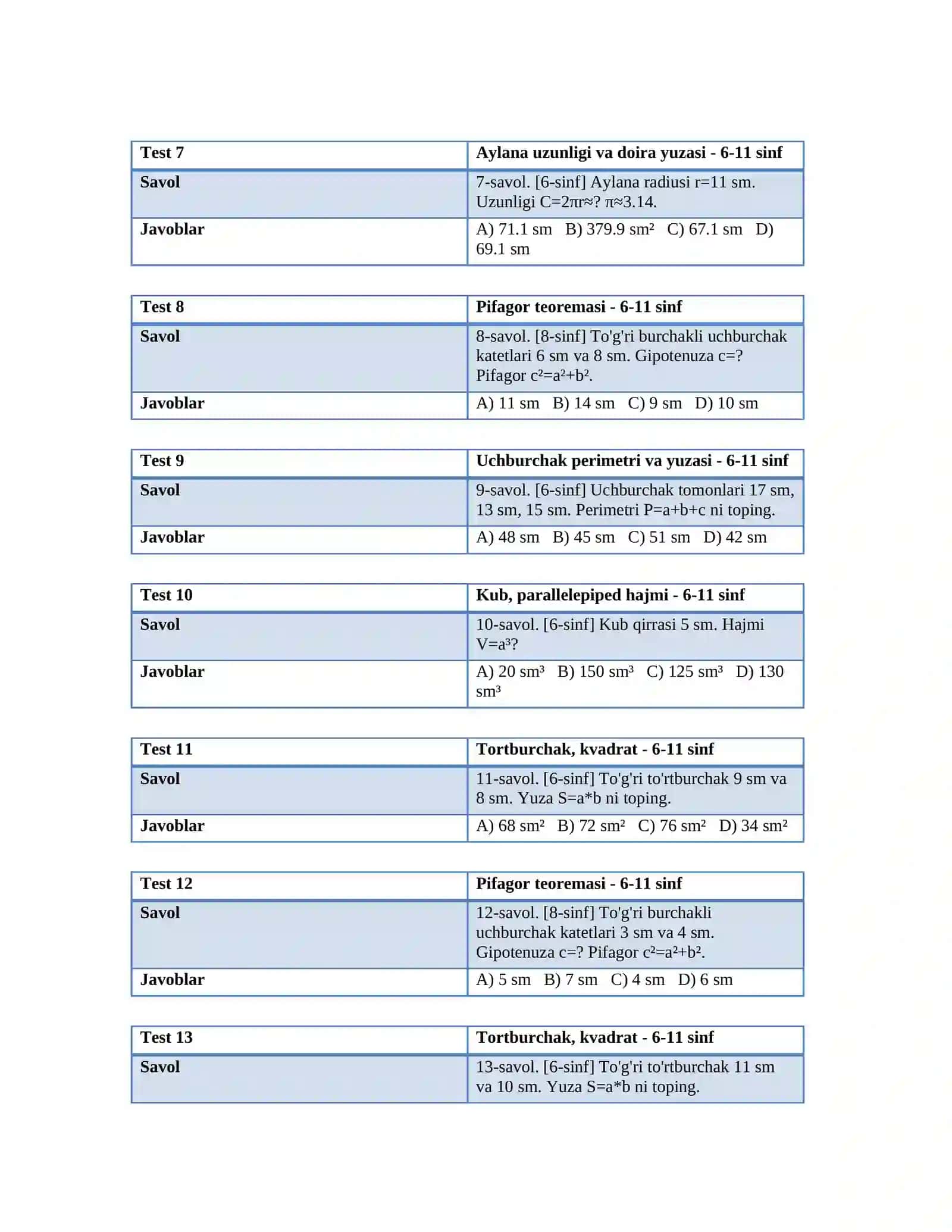 MATEMATIKADAN 1000 TA TEST - 2-QISM - BARCHA MAVZULAR 6-11 SINF 3