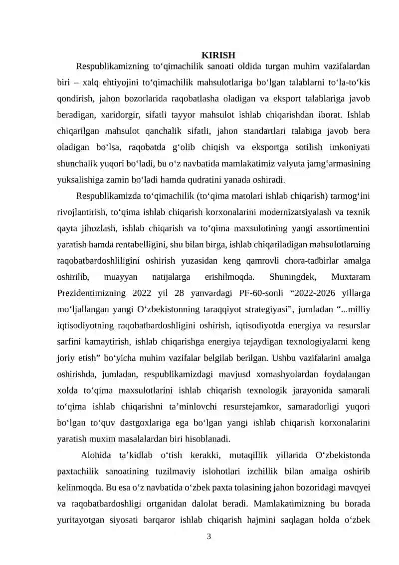 “Yillik ishlab chiqarish quvvati 2,5mln. pagonometr  bo’lgan artikuli 3145 “Diagonal’’ to’qimasini ishlab chiqarish texnologik jarayonlar loyihasi” ishlab chiqish 3