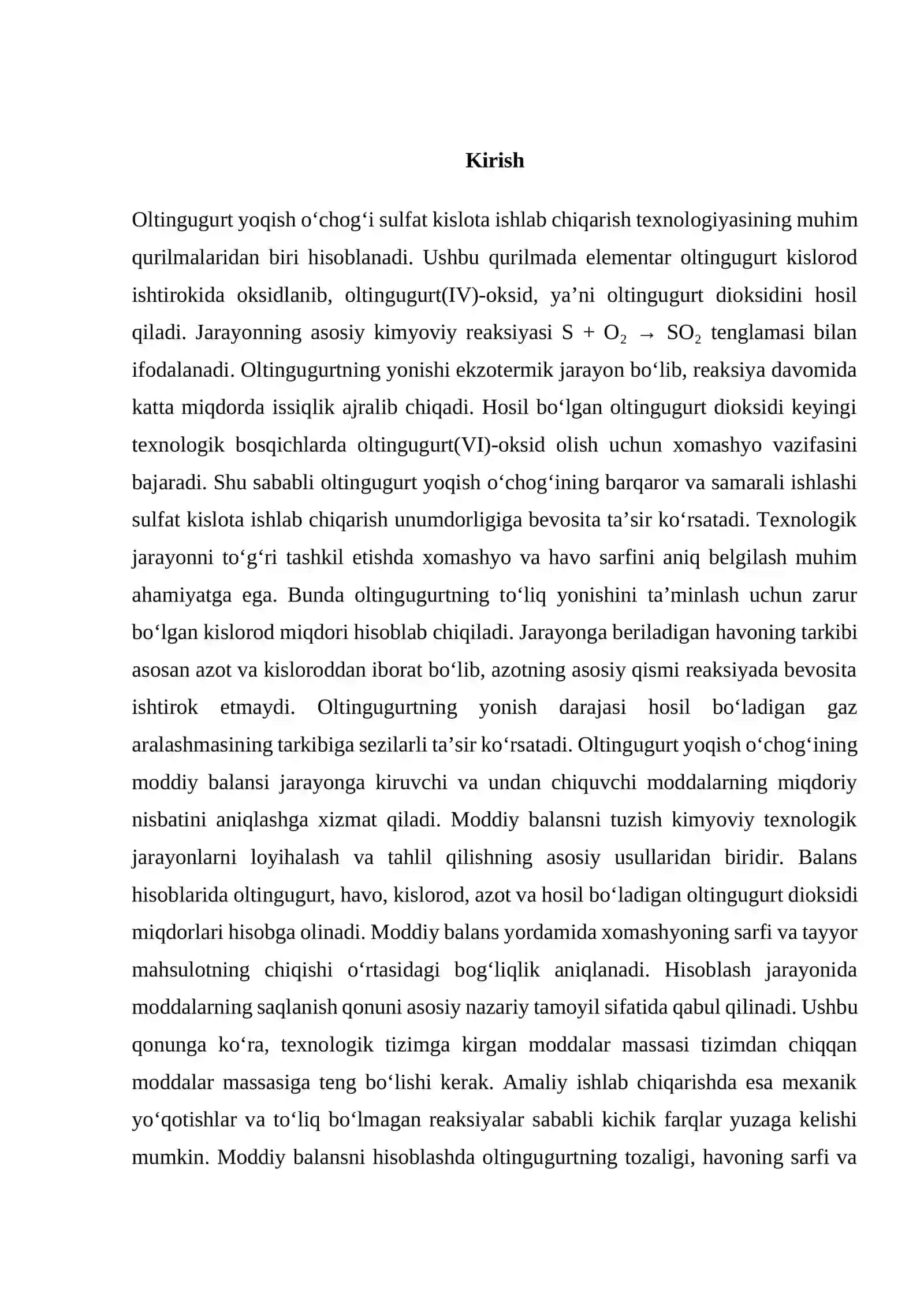 Oltingugurt yoqish o‘chog‘ining moddiy balansini hisoblash 3