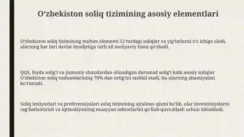 O'ZBEKISTON SOLIQ TIZIMDA AMALDAGI BOLGAN SOLIQLAR VA YIG'IMLAR TAVSIF 3