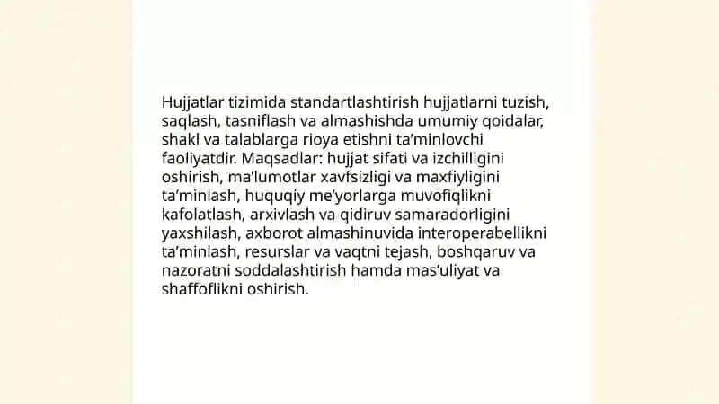 Hujjatlar tizimida standartlashtirish va normativ- huquqiy bazaning ahamiyati 3