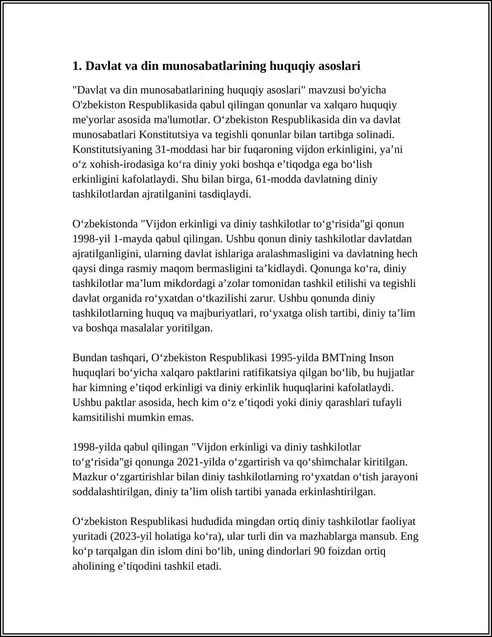 O'ZBEKISTONDA DAVLAT VA DIN MUNOSABATLARIGA DOIR QONUN HUJJATLAR 3