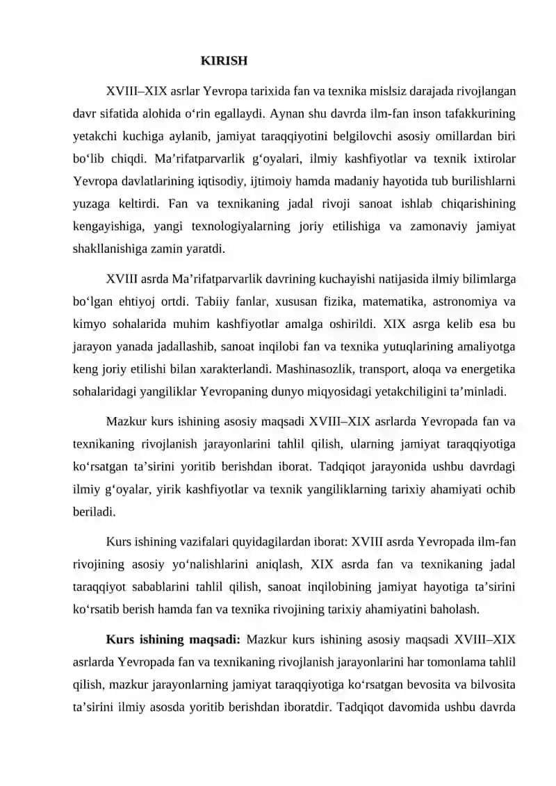 XVIII – XIX asrlarda Yevropada fan va texnikaning rivojlanishi KURS ISHI 3