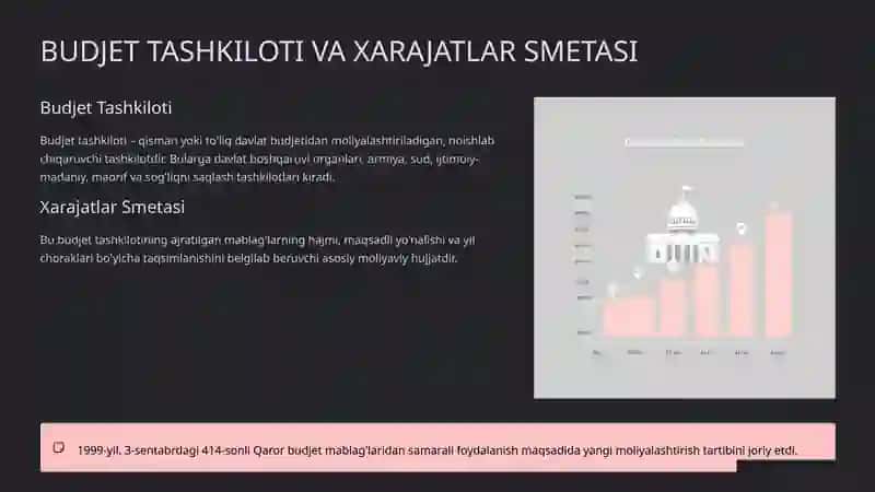 G'AZNACHILIKDA BUDJET TASHKILOTLARI XARAJAT SMETALARINI RO'YXATGA OLISH TAQDIMOT REJASI 3