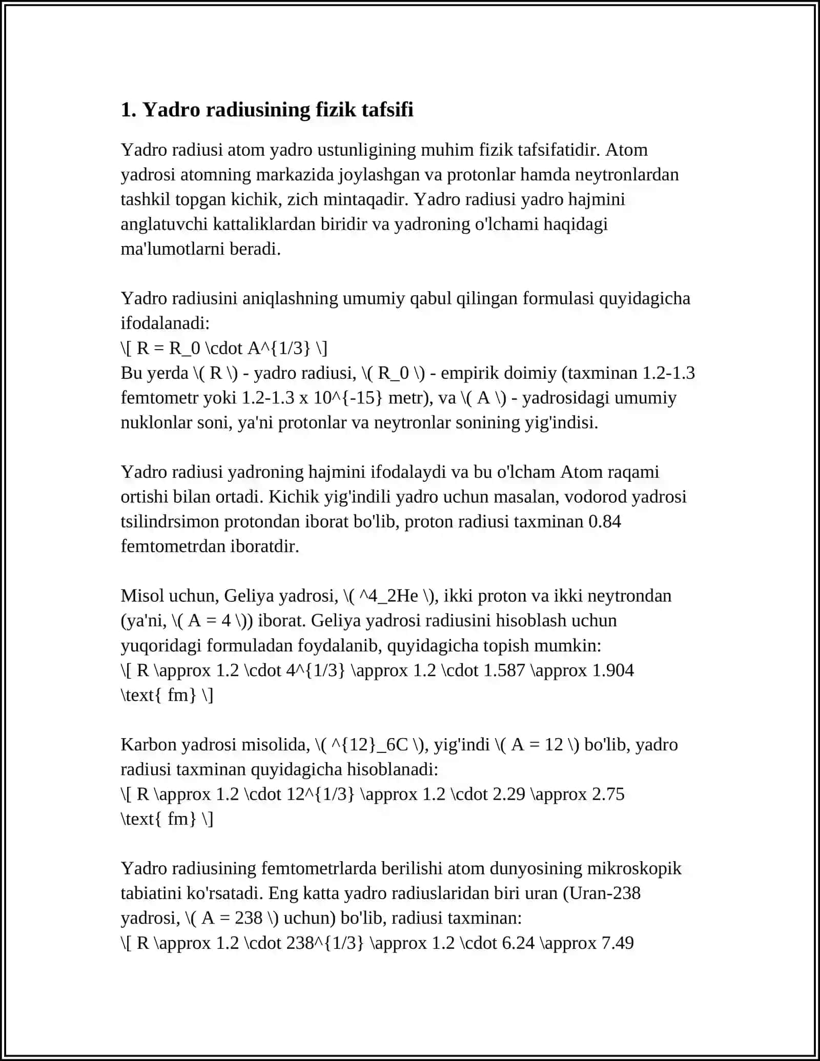 YADRO RADIUSI. YADRO O'LCHAMI VA ZICHLIGI. YADRO SPINI 3