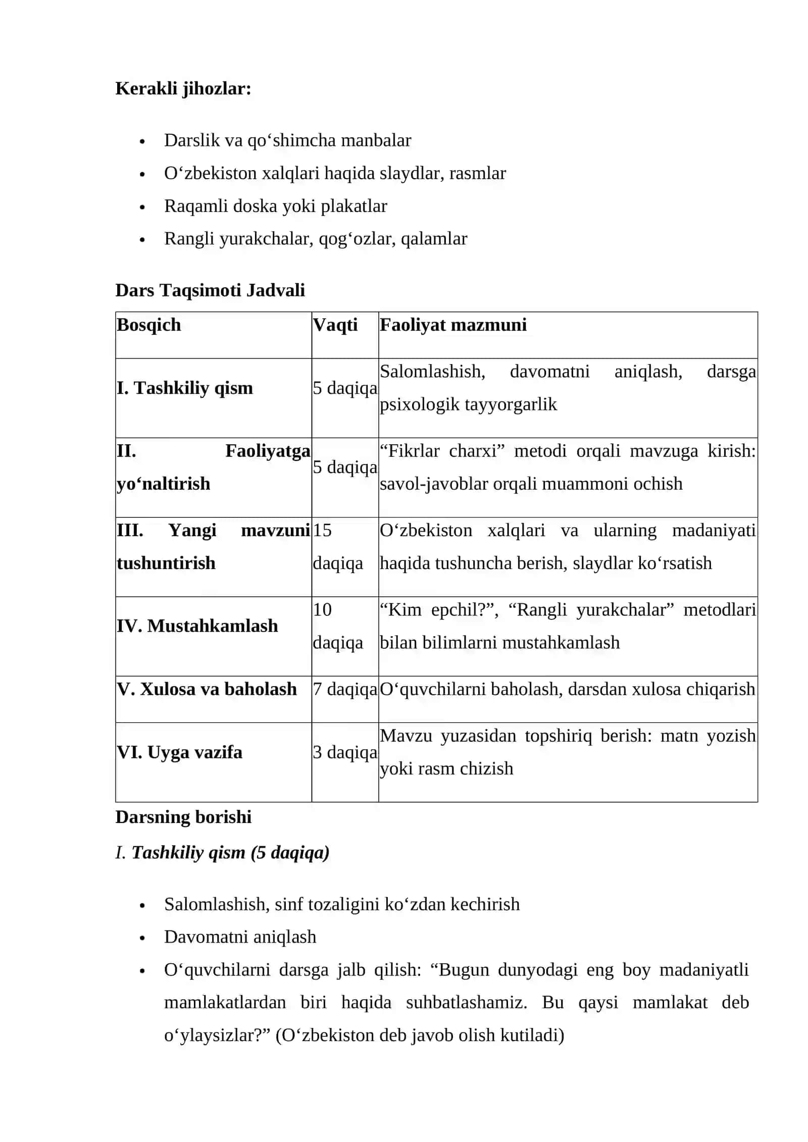Oʻzbekiston xalqlari madaniyati. 3-sinf tarbiya fanidan 1 soatlik DARS ISHLANMASI 3
