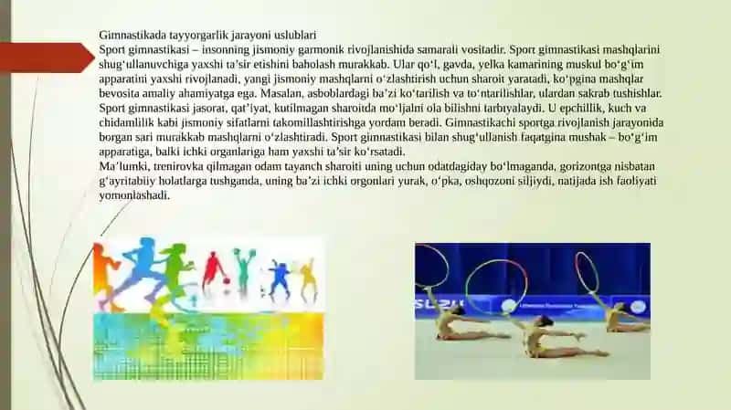 Gimnastikada umumiy va maxsus ta'yyorlik mashqlari bo‘yicha mahoratni oshirish fanidan tayyorlangan taqdimot 3