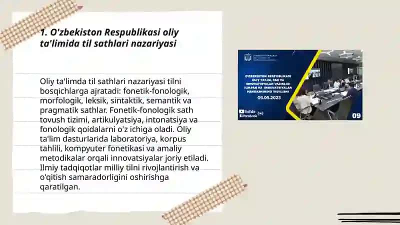 O'zbekiston Respublikasi Oliy ta'lim va innovatsiyalar. Til sathlari. Fotenik - fonologik sath 3