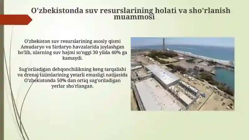 O'zbekistonda suvni chuchuklashtirish: Suv resurslari, texnologiyalar va loyihalar 3