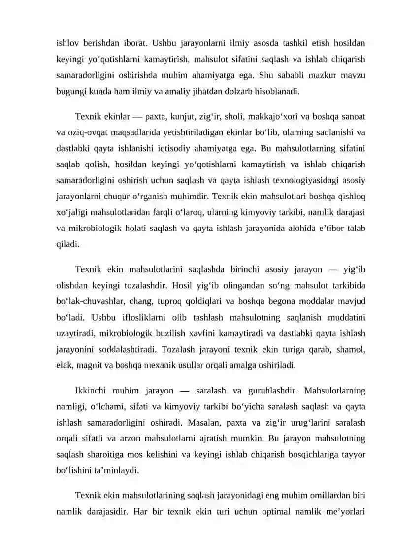 Texnik ekin mahsulotlarini saqlash va dastlabki qayta ishlash texnologiyasidagi asosiy jarayonlar 3