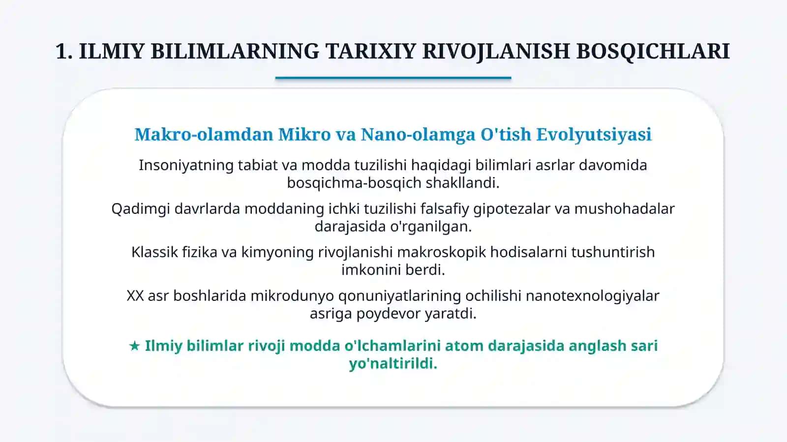 Ilmiy Bilimlar Rivoji va Nanotexnologiyalarning Zamonaviy O‘rni — 25 Betlik Taqdimot 3