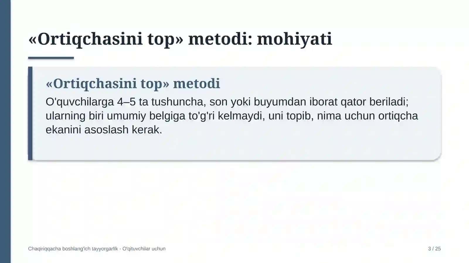 chaqiriqqacha boshlang'ich tayyorgarlik darslarida ortiqchasini top metodidan foydalanish 3922 3