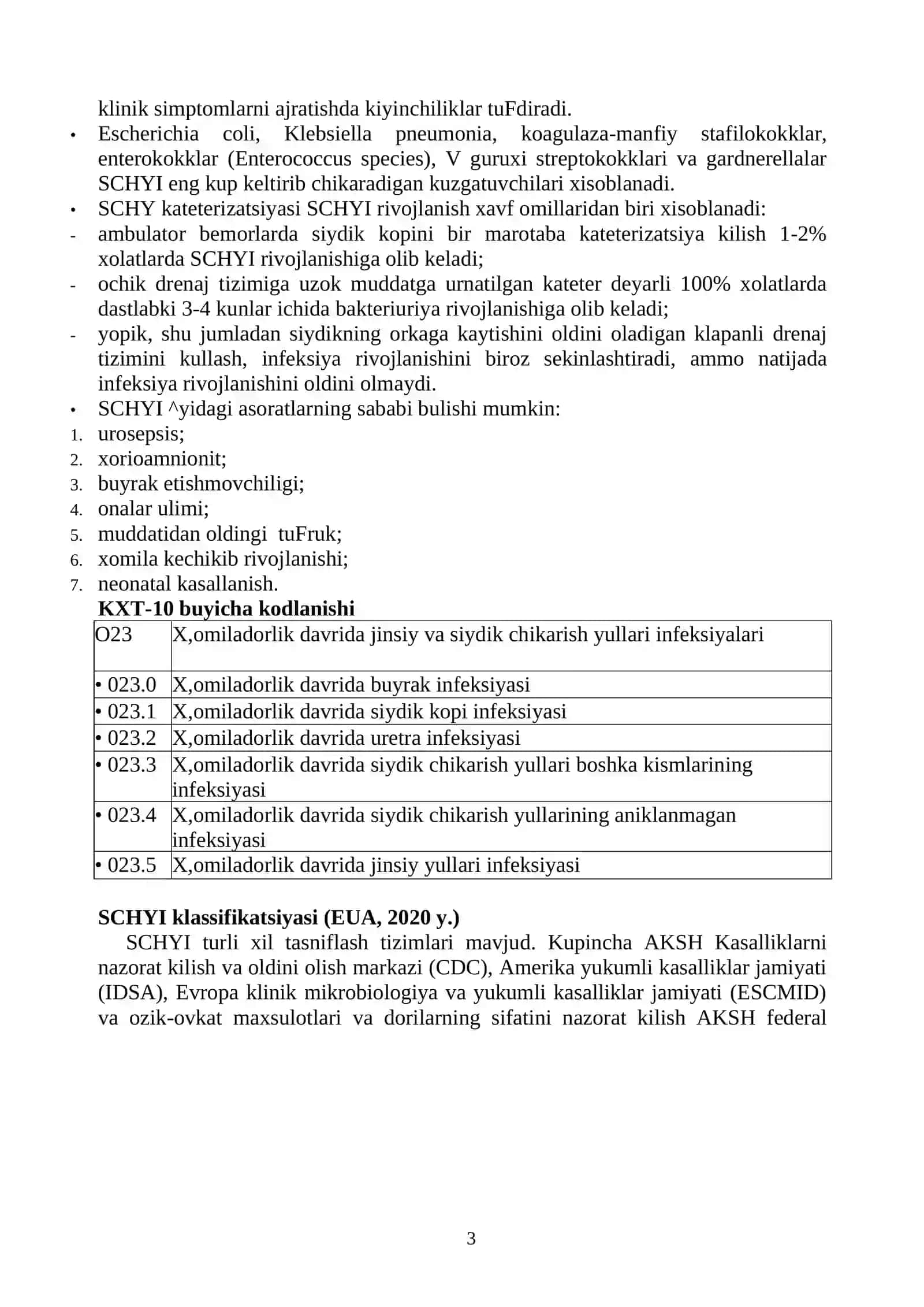 Homiladorlik, tugruk va chilla davrida yuqori harorat. Siydik trakti infeksiyalari (sistit, o‘tkir pielonefrit). CHilla davri septik kasalliklari. Tashxislash. Olib borish 3