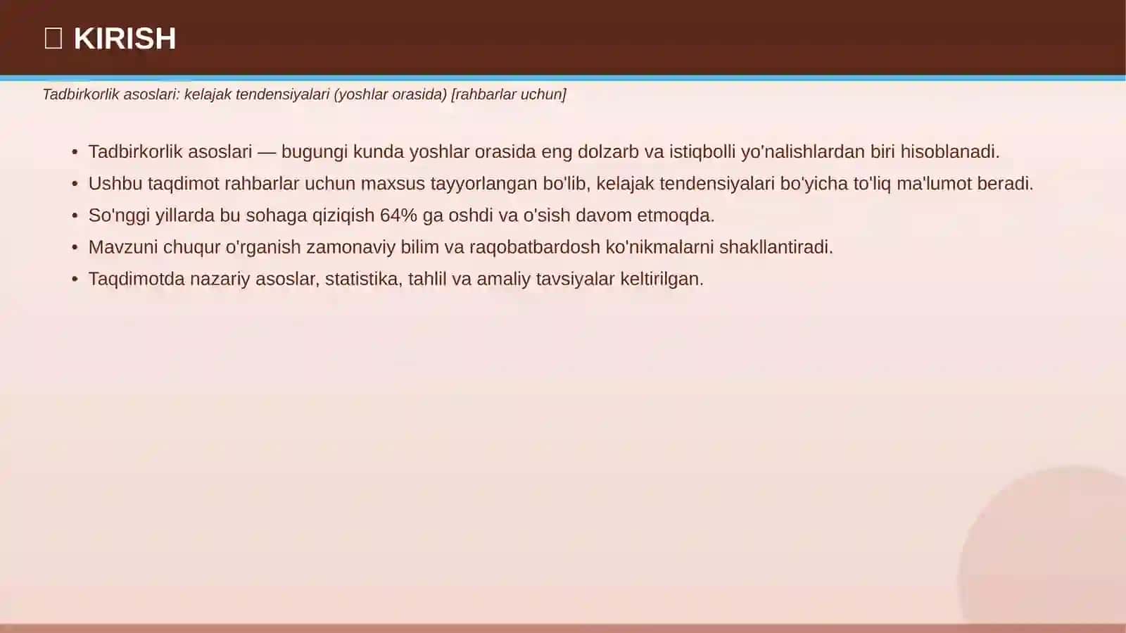 Tadbirkorlik asoslari: Kelajak tendensiyalari (yoshlar orasida) [Rahbarlar uchun] 3
