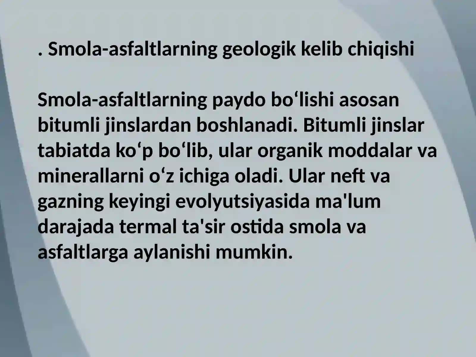 Neft tarkibidagi smola asfaltlar, kimyoviy tarkibi, fazoviy tuzilishi, fizik kimyoviy xossalari 3