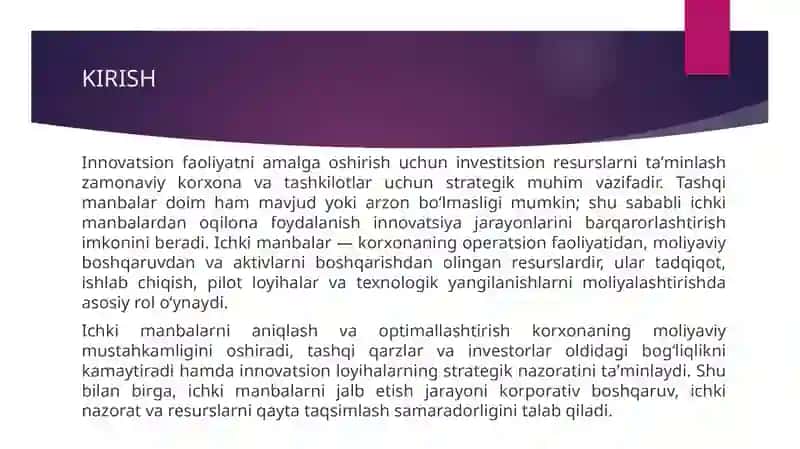Innovatsion faoliyat amalga oshirish uchun investitsiya 3