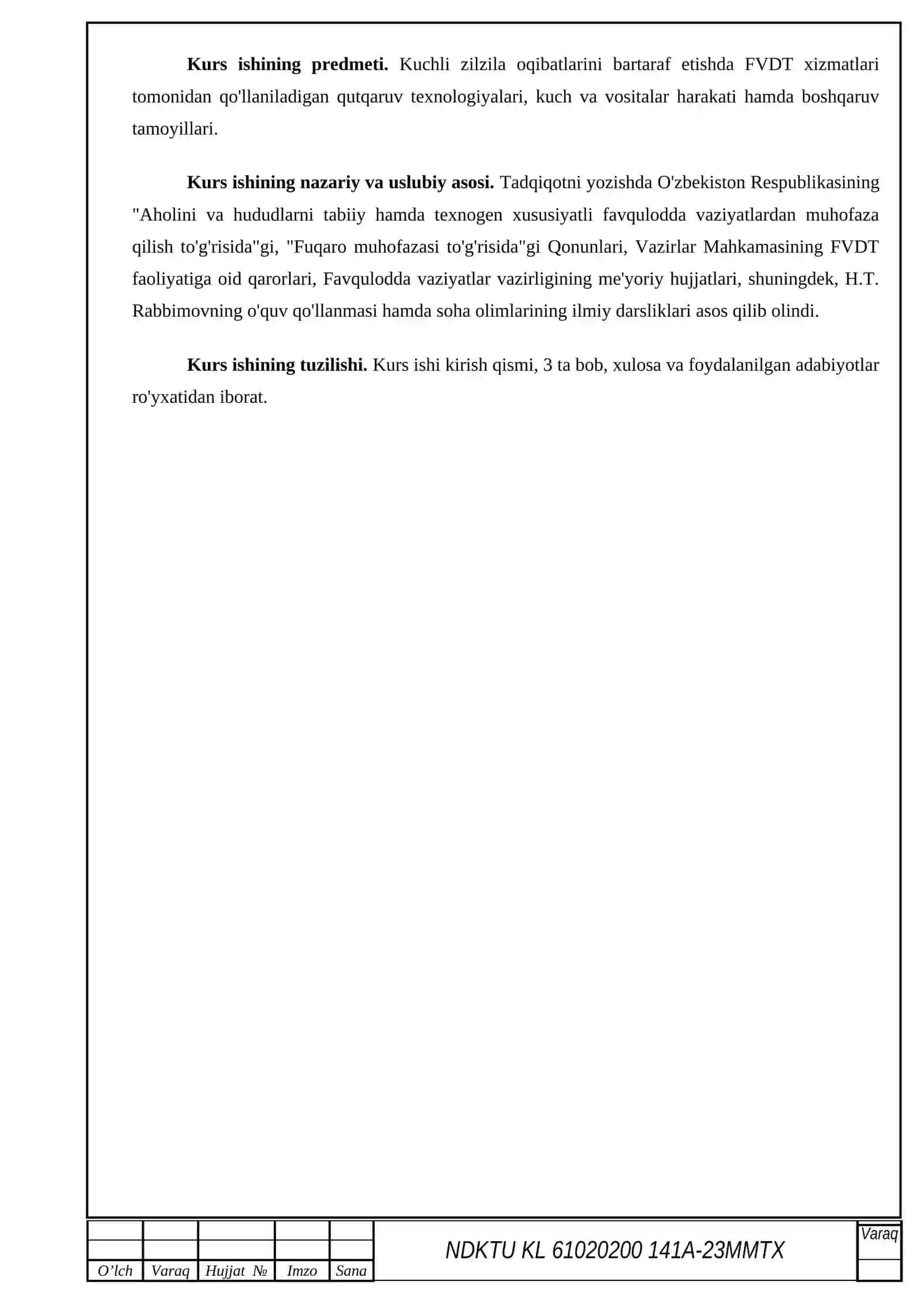 Favqulodda vaziyatlarda xavsizlik fanidan kurs ishi 3-4-5_kurslar uchun 3