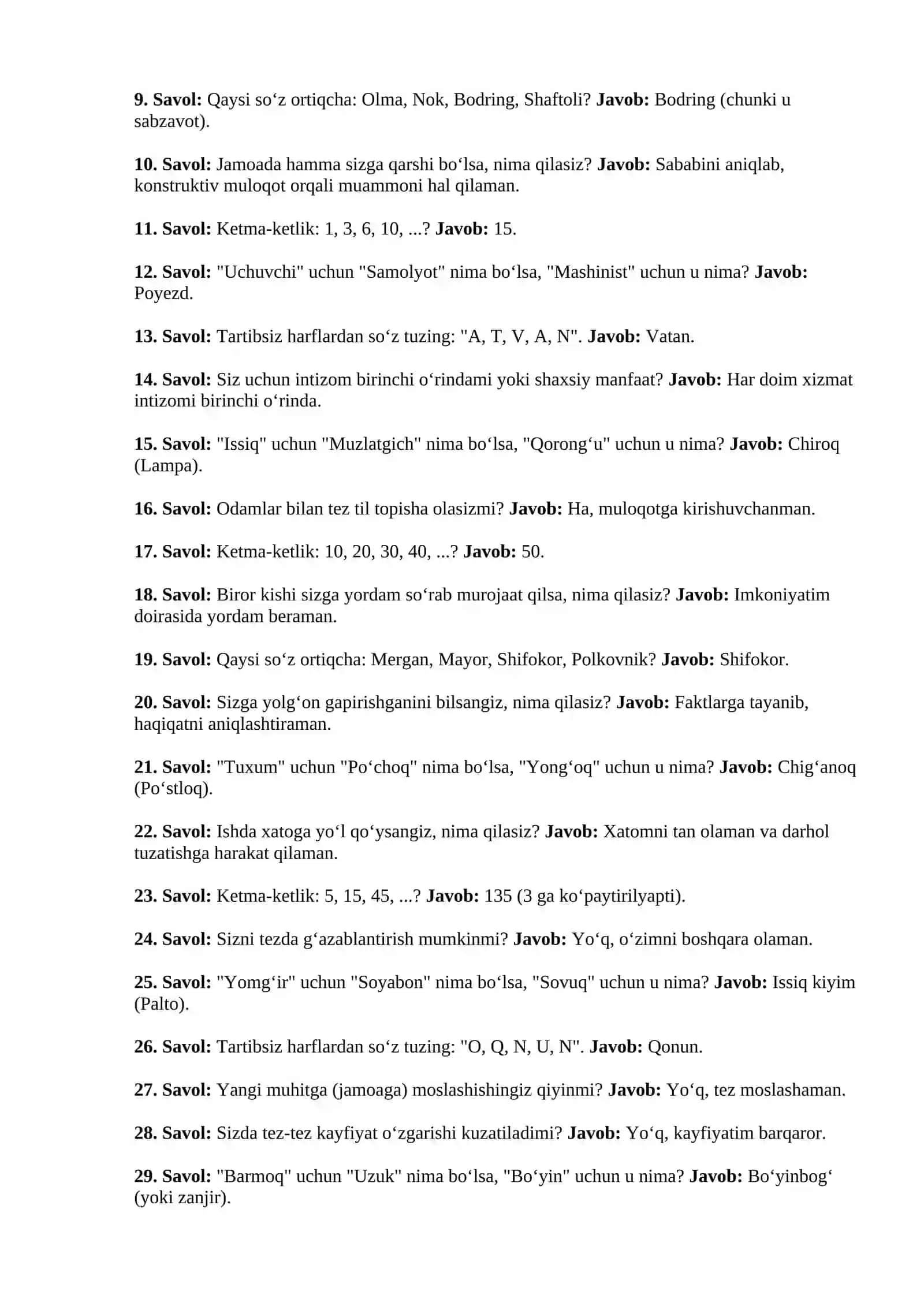 Ichki ishlar organlariga kirish uchun psixologik testlar 2026 (Javoblari bilan) 2-qism 3